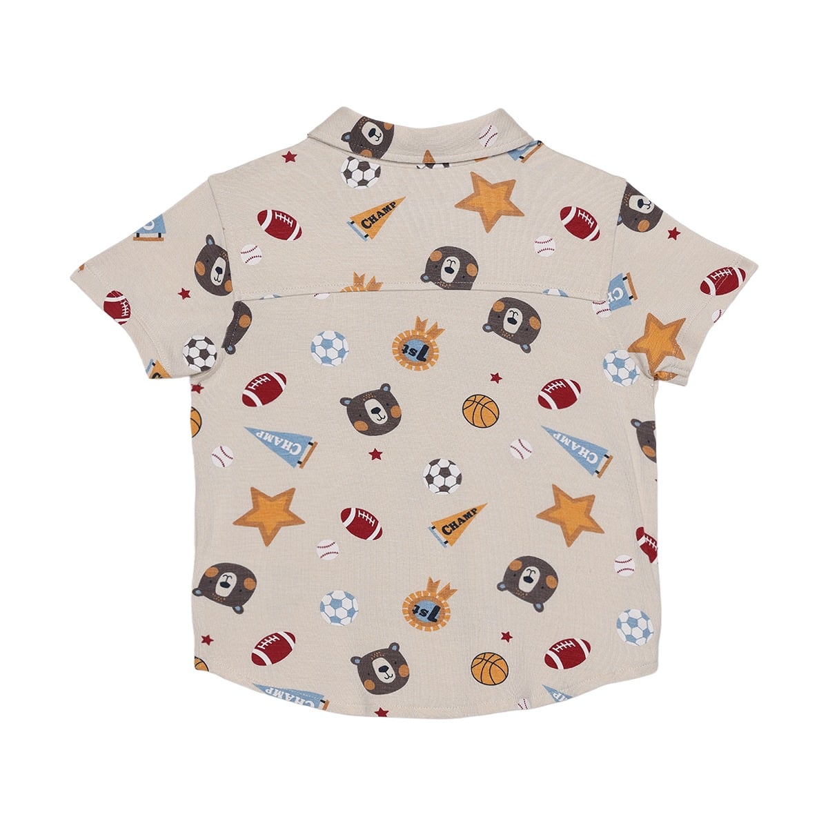 Baby Boys Beige Cotton Blend Sports And Bear Printed Short Sleeve Shirt Regular Fit Casual Wear