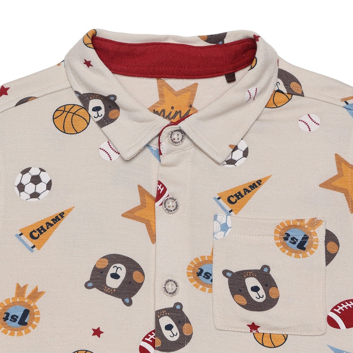 Baby Boys Beige Cotton Blend Sports And Bear Printed Short Sleeve Shirt Regular Fit Casual Wear