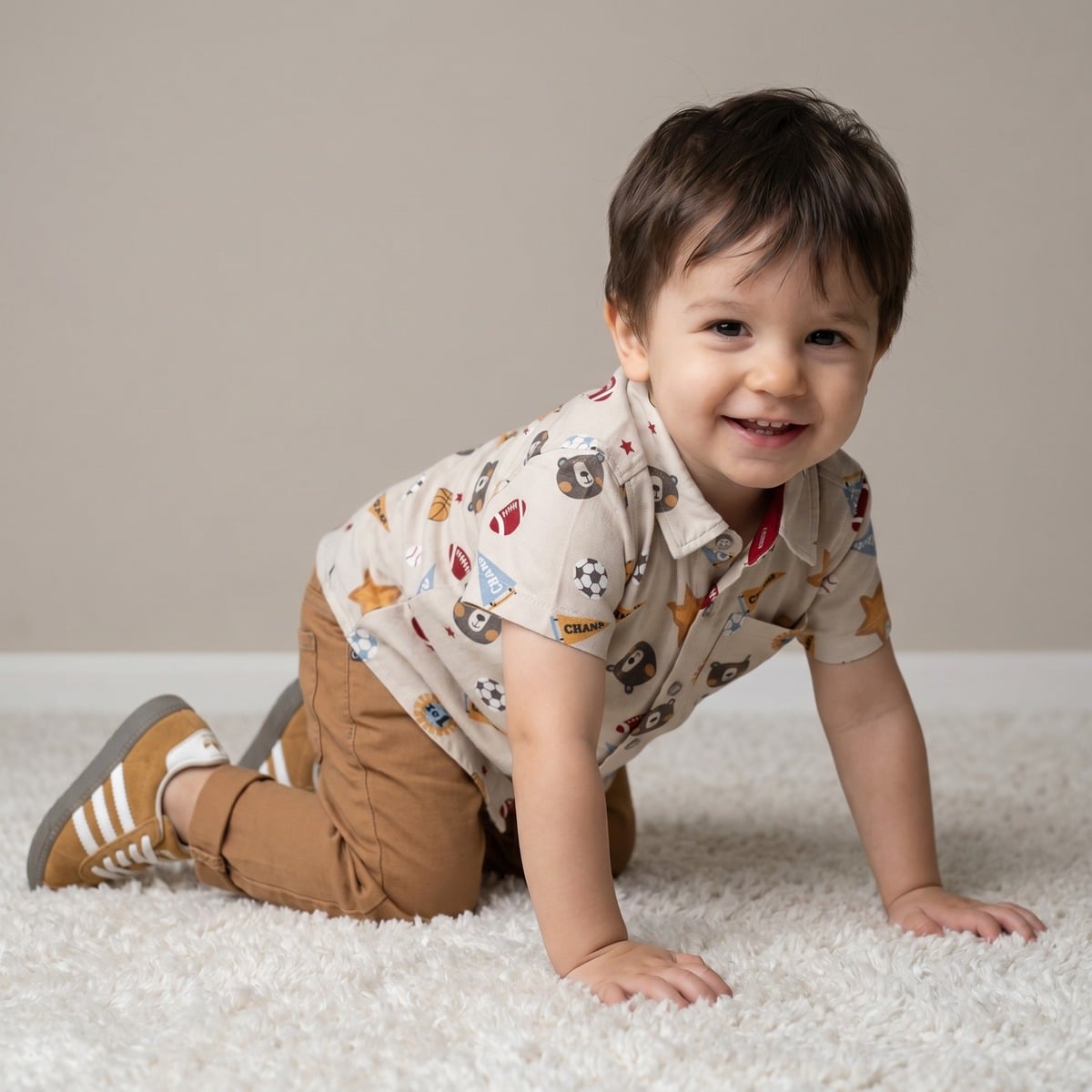 Baby Boys Beige Cotton Blend Sports And Bear Printed Short Sleeve Shirt Regular Fit Casual Wear