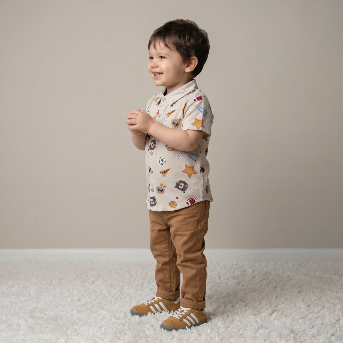 Baby Boys Beige Cotton Blend Sports And Bear Printed Short Sleeve Shirt Regular Fit Casual Wear