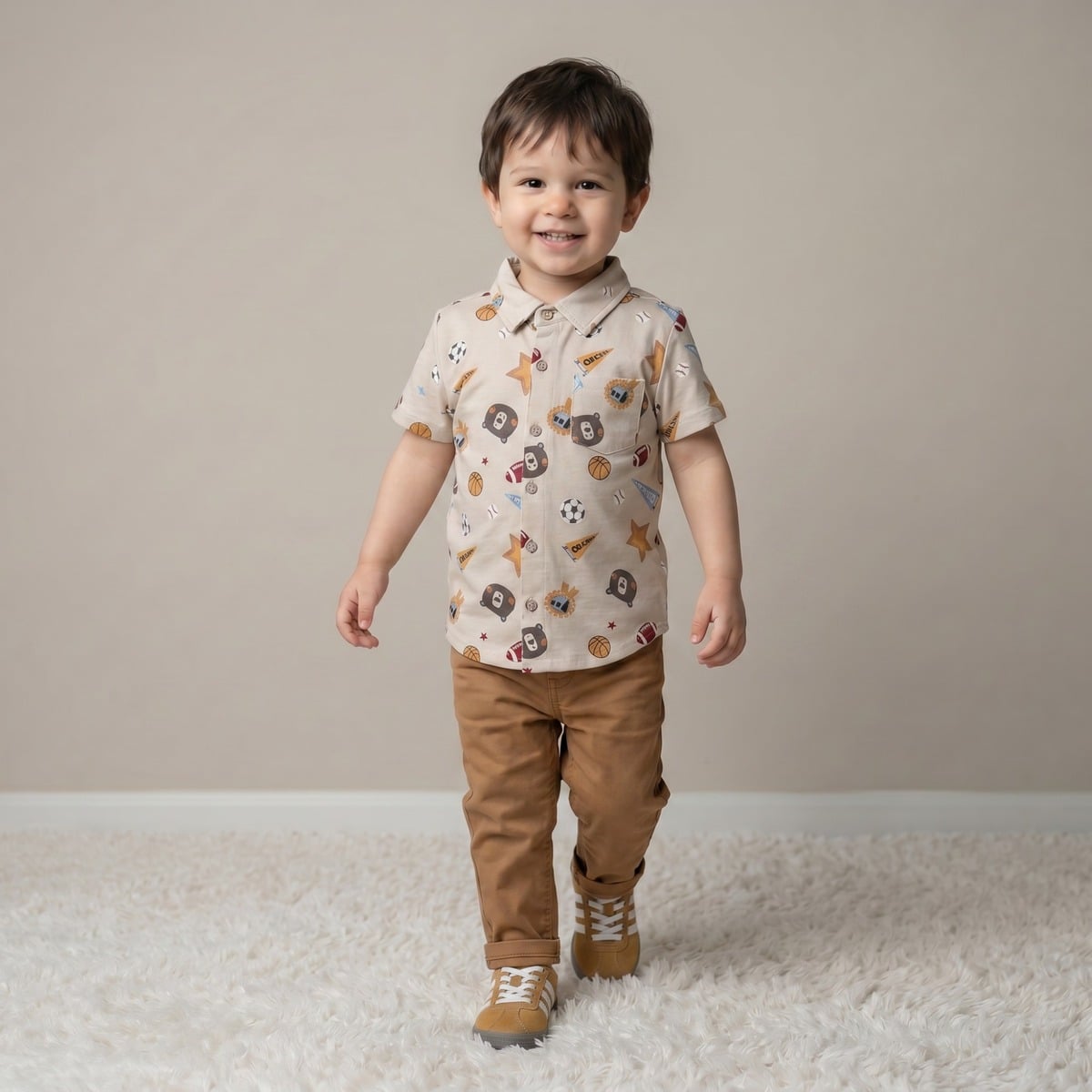 Baby Boys Beige Cotton Blend Sports And Bear Printed Short Sleeve Shirt Regular Fit Casual Wear