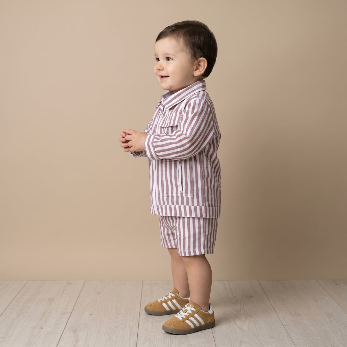 Baby Boys Rust Brown And White Cotton Blend Striped Full Sleeve Zip Shirt Regular Fit Casual Wear
