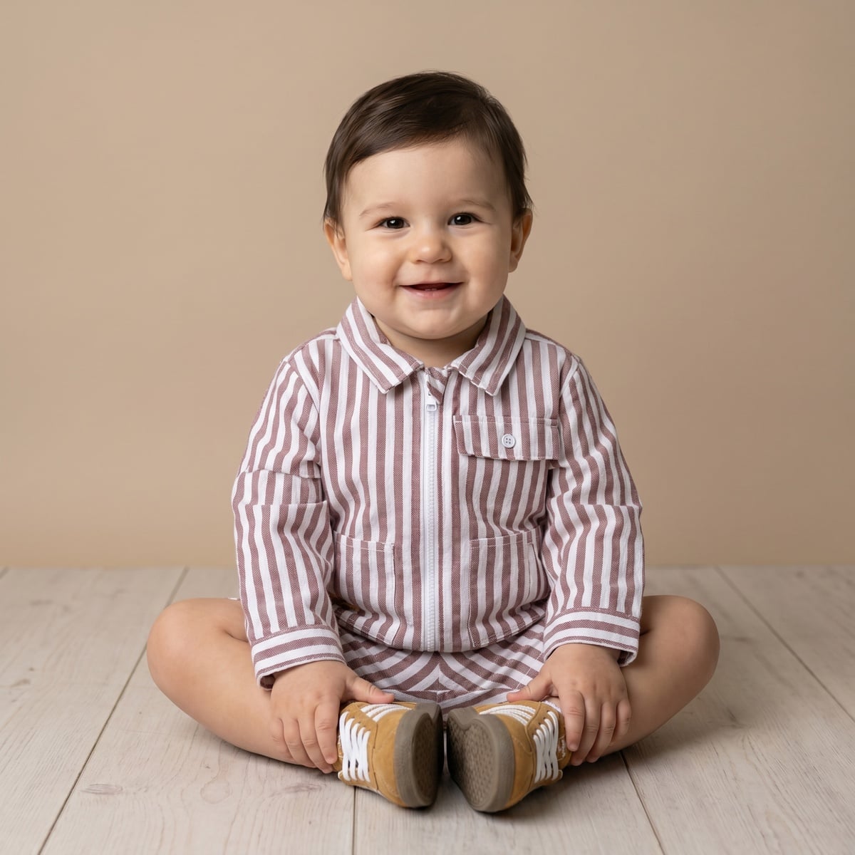Baby Boys Rust Brown And White Cotton Blend Striped Full Sleeve Zip Shirt Regular Fit Casual Wear
