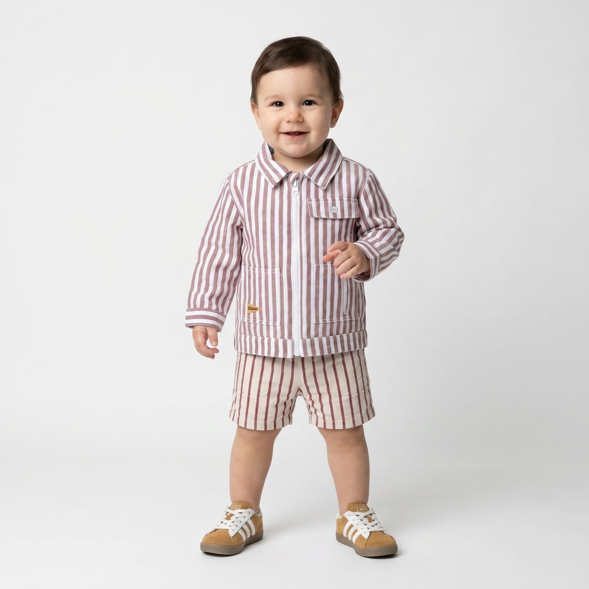 Baby Boys Rust Brown And White Cotton Blend Striped Full Sleeve Zip Shirt Regular Fit Casual Wear