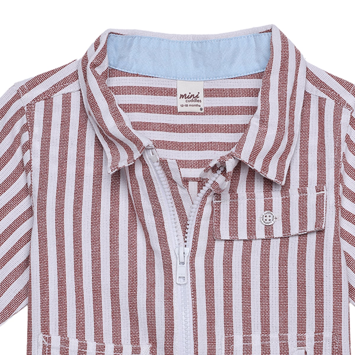 Baby Boys Rust Brown And White Cotton Blend Striped Full Sleeve Zip Shirt Regular Fit Casual Wear
