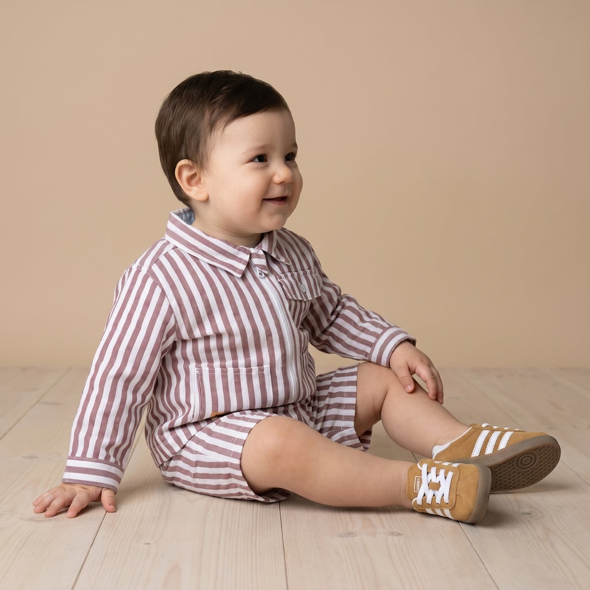 Baby Boys Rust Brown And White Cotton Blend Striped Full Sleeve Zip Shirt Regular Fit Casual Wear