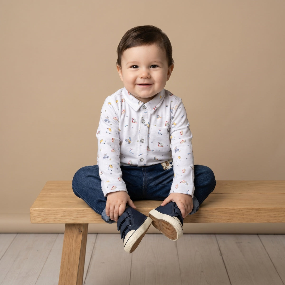 Baby Boys White Cotton Vehicle Printed Shirt Regular Fit Casual Wear