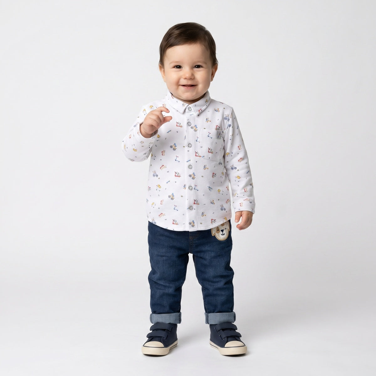 Baby Boys White Cotton Vehicle Printed Shirt Regular Fit Casual Wear