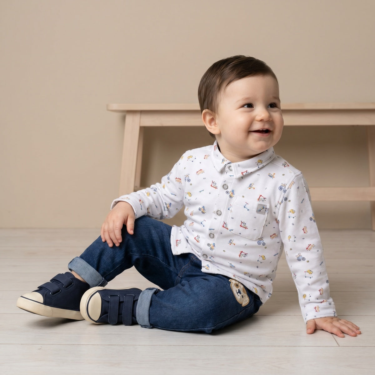 Baby Boys White Cotton Vehicle Printed Shirt Regular Fit Casual Wear