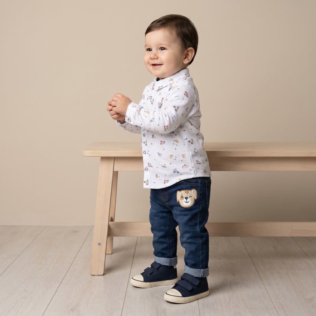 Baby Boys White Cotton Vehicle Printed Shirt Regular Fit Casual Wear