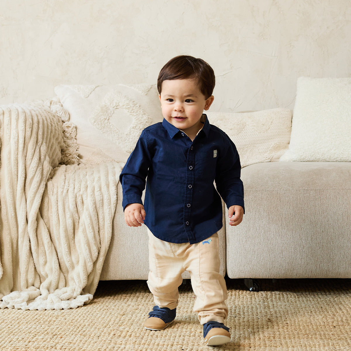 Baby Boys Beige Cotton Blend Animal Embroidered Woven Pant Regular Fit Casual Wear