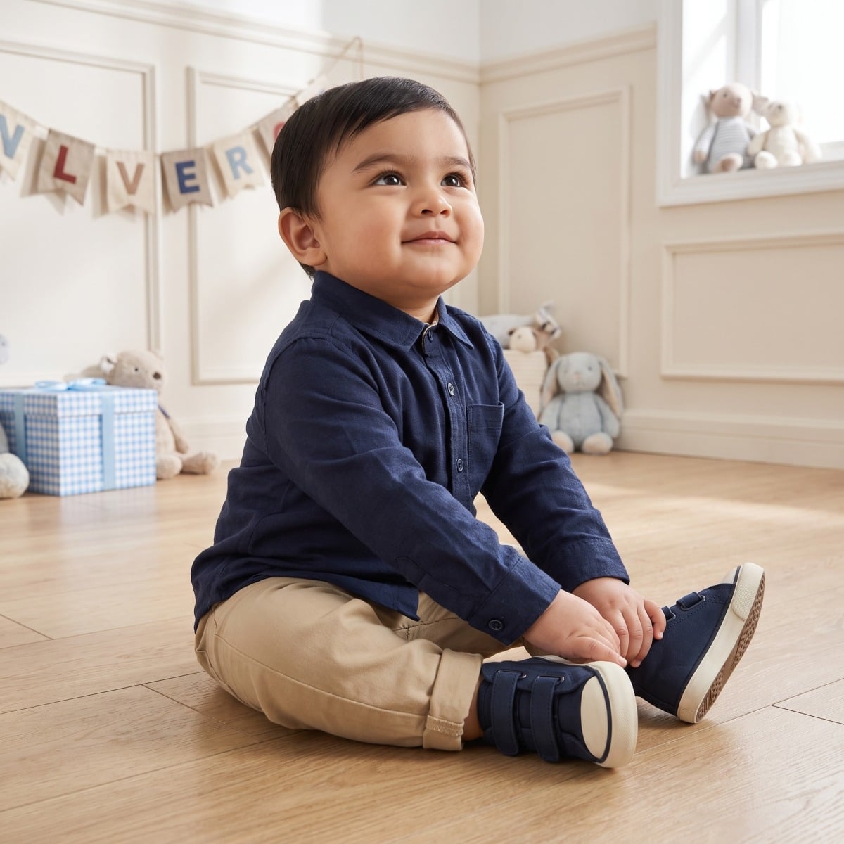 Baby Boys Navy Blue Cotton Solid Shirt Dog Patch Regular Fit Casual Wear