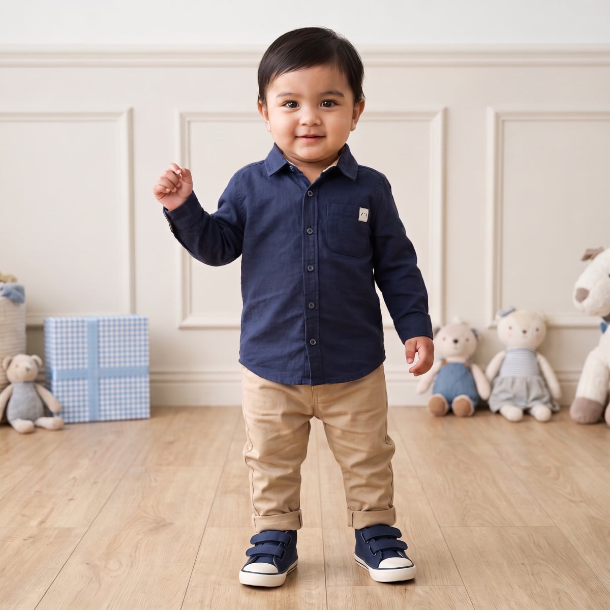 Baby Boys Navy Blue Cotton Solid Shirt Dog Patch Regular Fit Casual Wear
