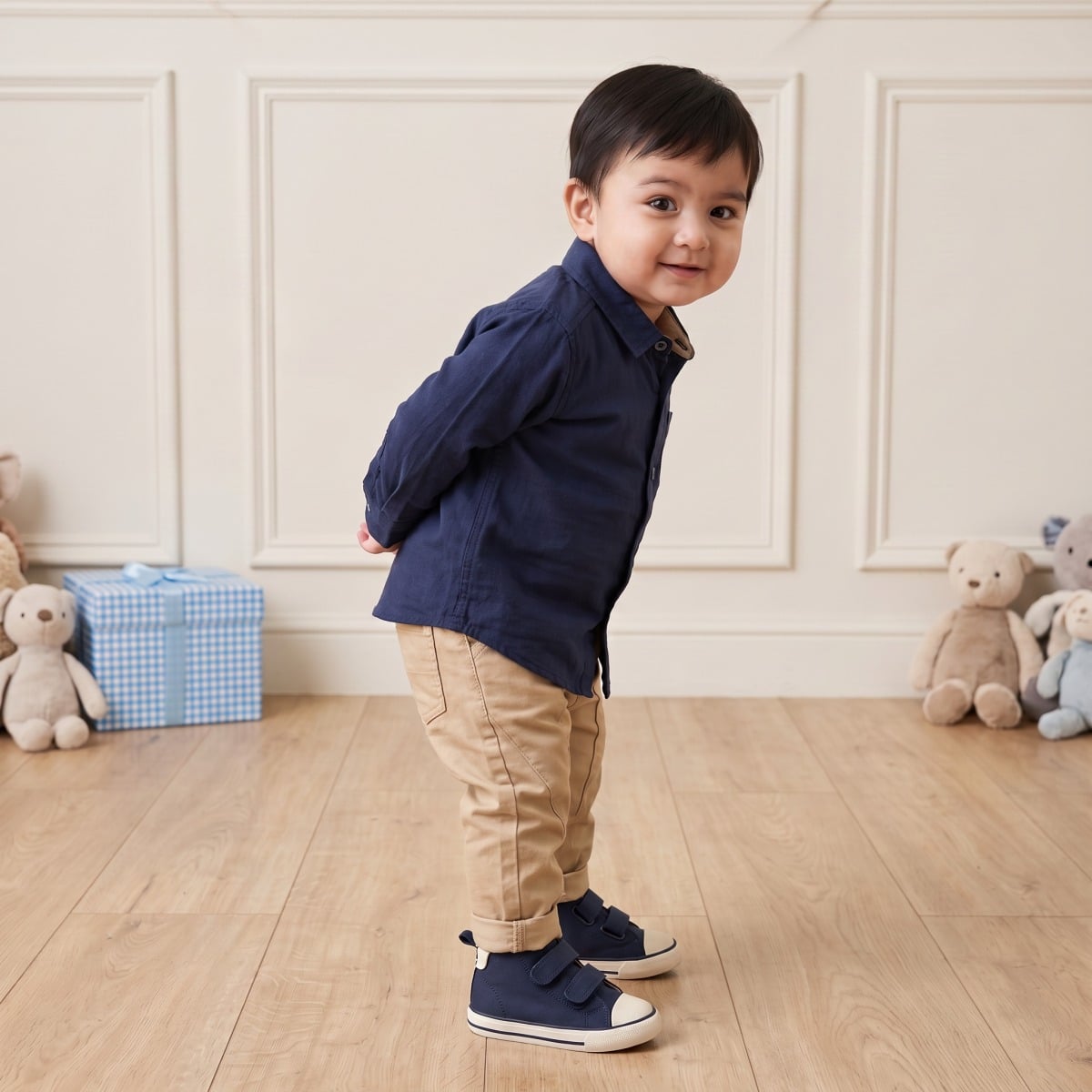 Baby Boys Navy Blue Cotton Solid Shirt Dog Patch Regular Fit Casual Wear