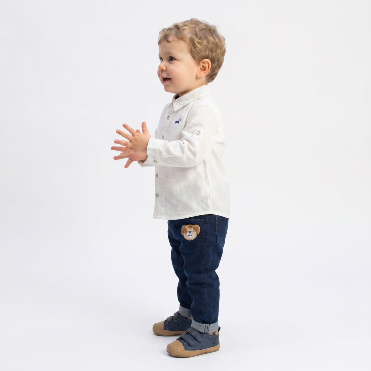 Baby Boys White Cotton Textured Shirt Roll-Up Sleeves Regular Fit Casual Wear