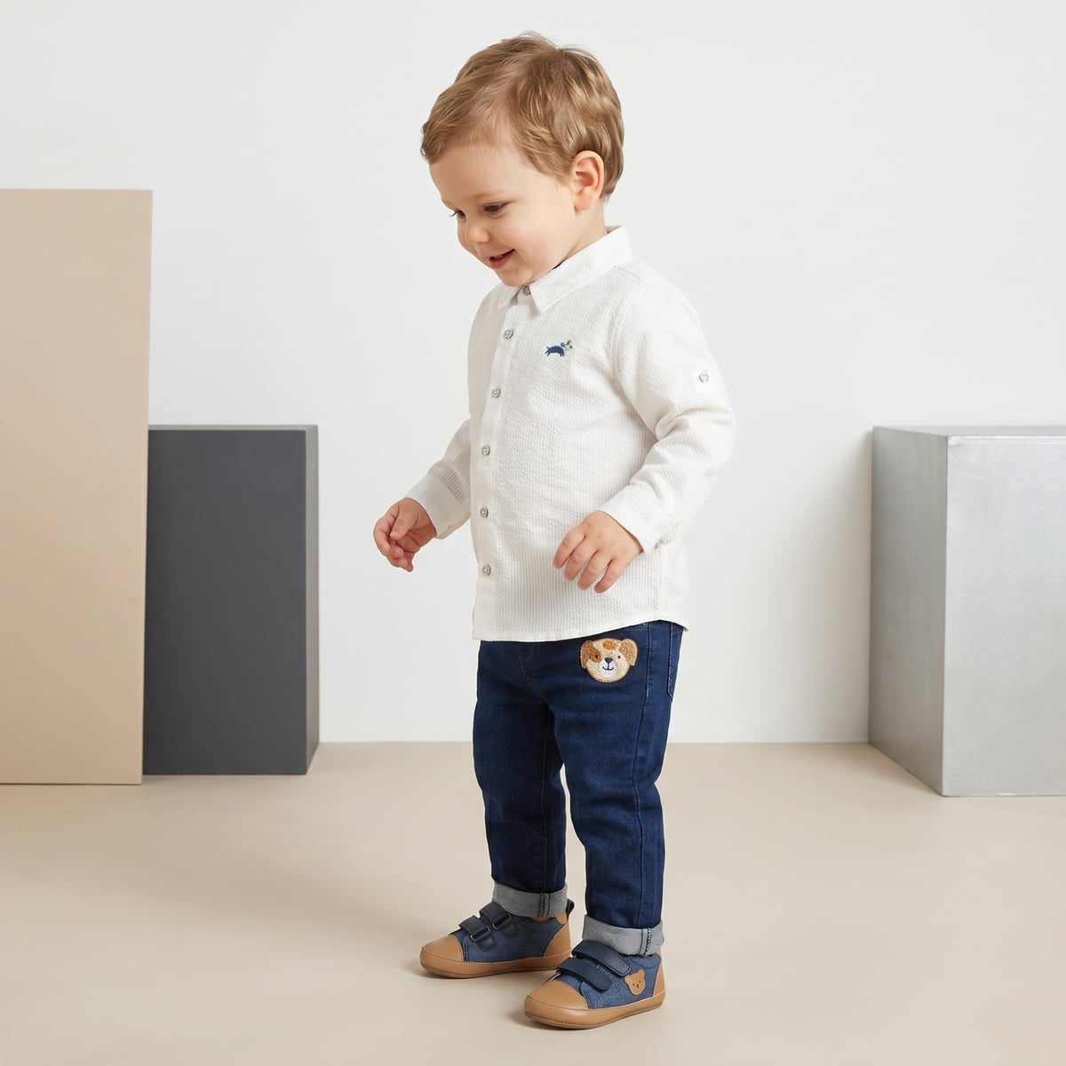 Baby Boys White Cotton Textured Shirt Roll-Up Sleeves Regular Fit Casual Wear
