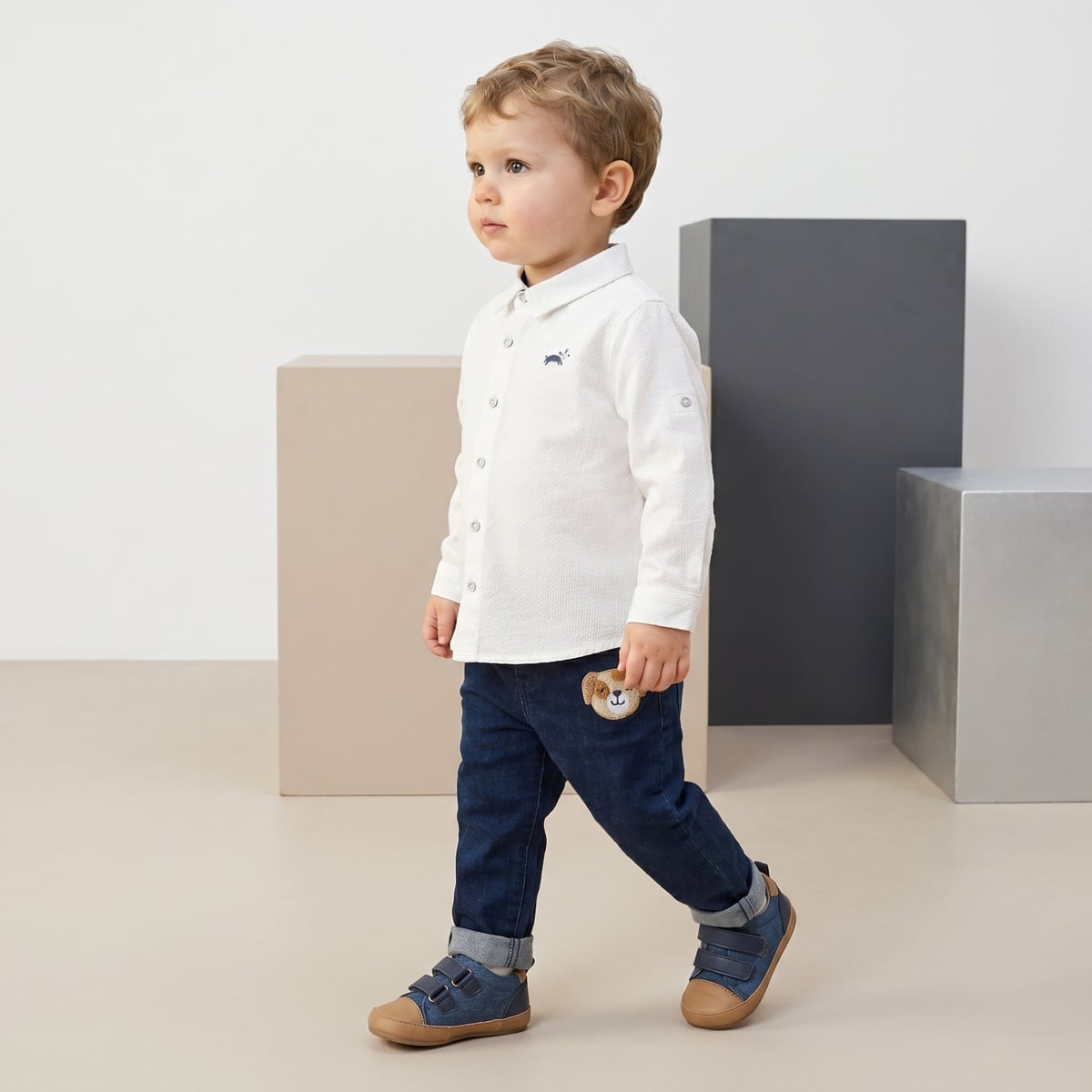 Baby Boys White Cotton Textured Shirt Roll-Up Sleeves Regular Fit Casual Wear