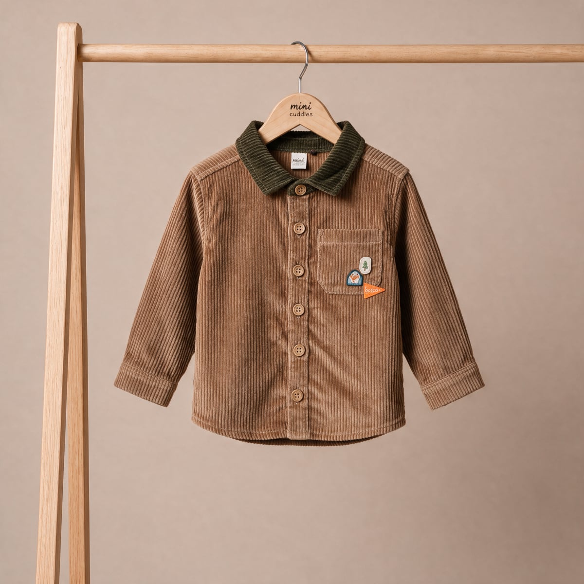 Baby Boys Brown Cotton Corduroy Shirt Contrast Collar Regular Fit Casual Wear