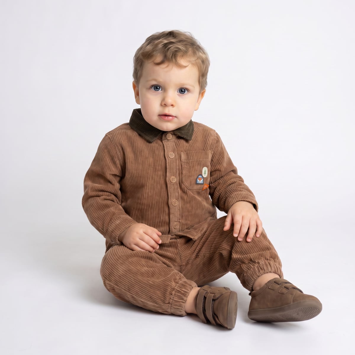Baby Boys Brown Cotton Corduroy Shirt Contrast Collar Regular Fit Casual Wear
