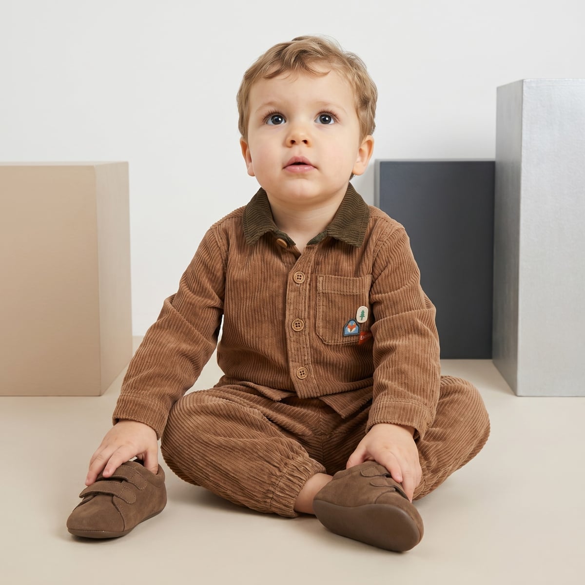 Baby Boys Brown Cotton Corduroy Shirt Contrast Collar Regular Fit Casual Wear