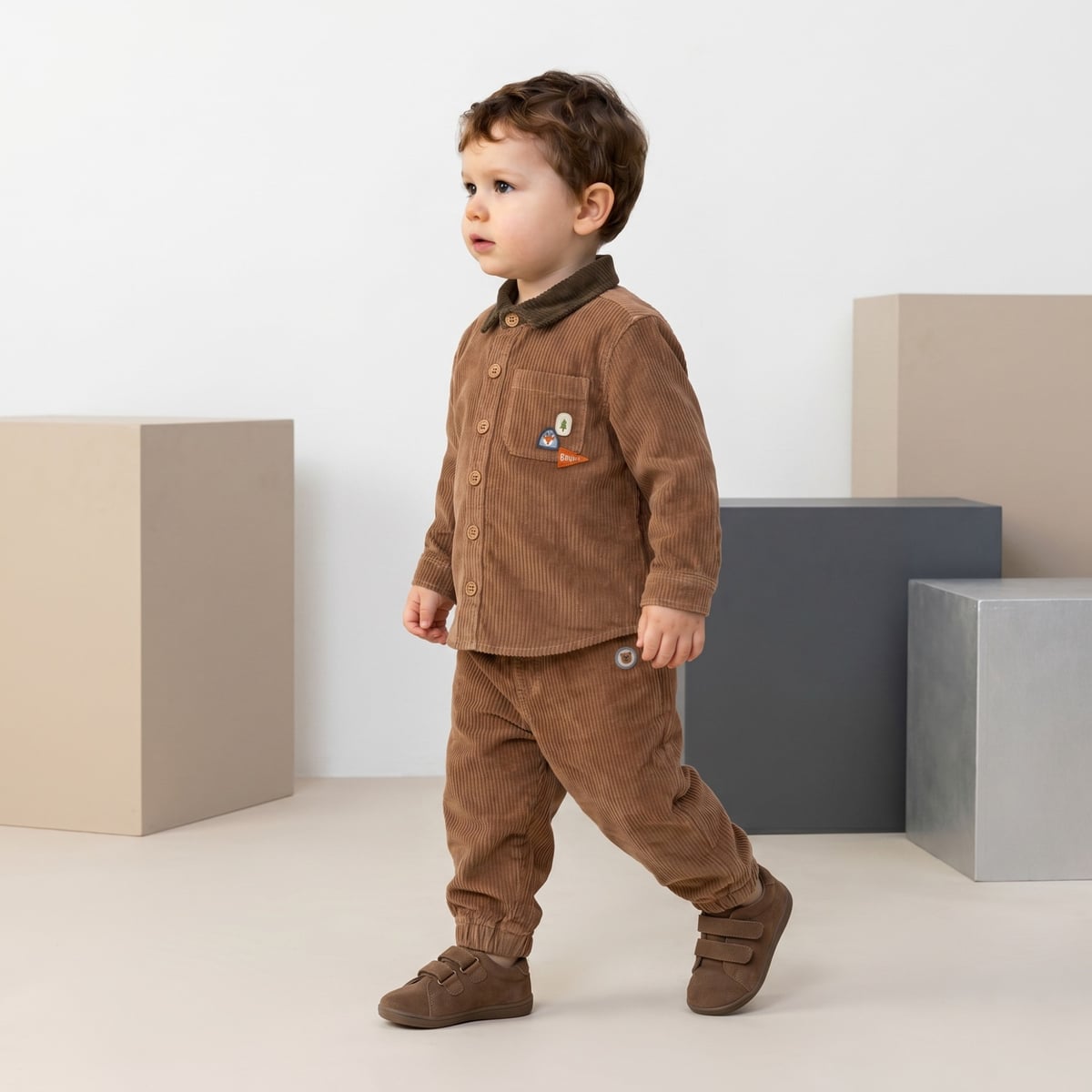 Baby Boys Brown Cotton Corduroy Shirt Contrast Collar Regular Fit Casual Wear