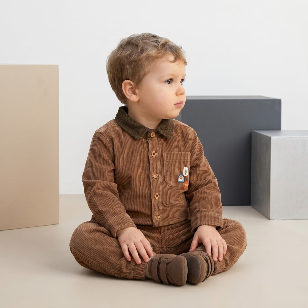 Baby Boys Brown Cotton Corduroy Shirt Contrast Collar Regular Fit Casual Wear