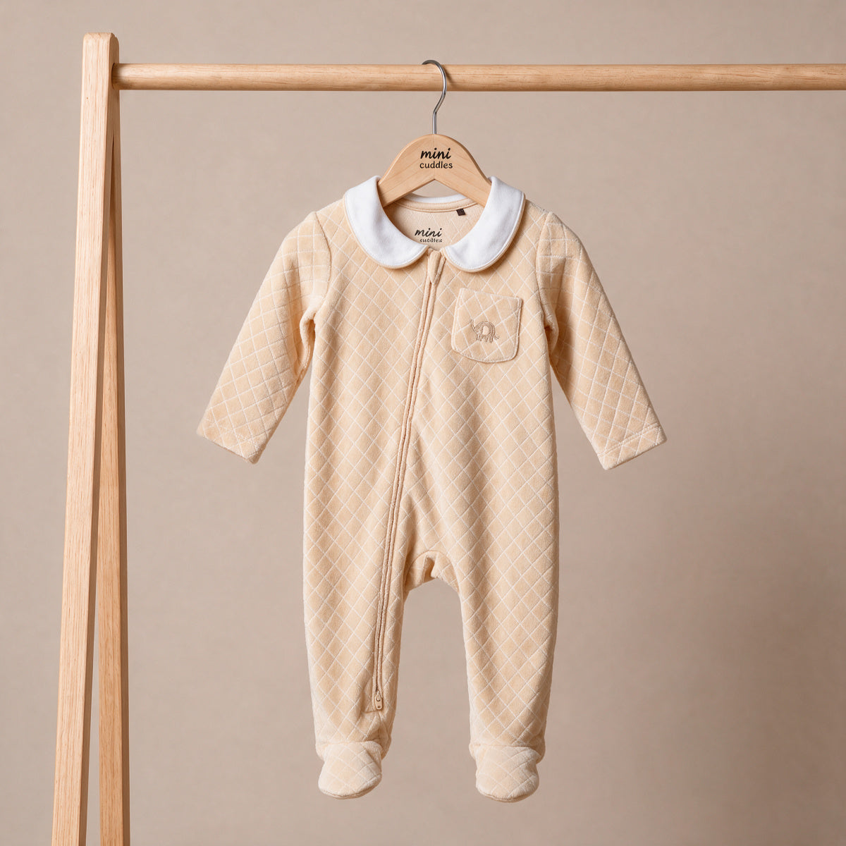 Baby Boys Beige Cotton Blend Quilted Sleepsuit with Zip Fastening for Sleepwear