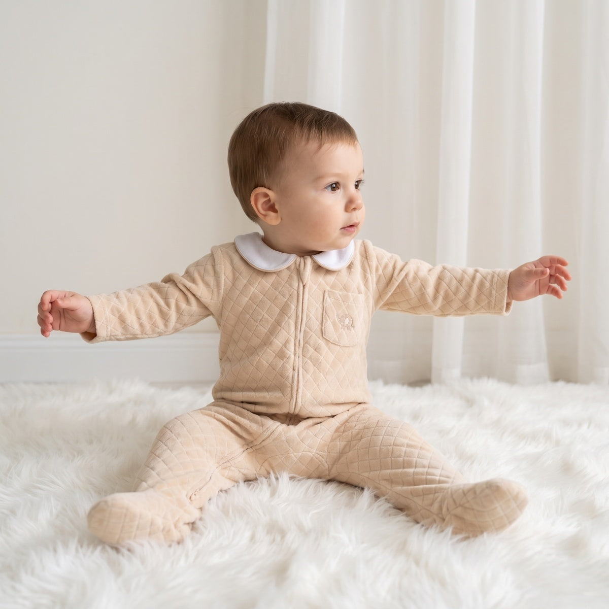 Baby Boys Beige Cotton Blend Quilted Sleepsuit with Zip Fastening for Sleepwear