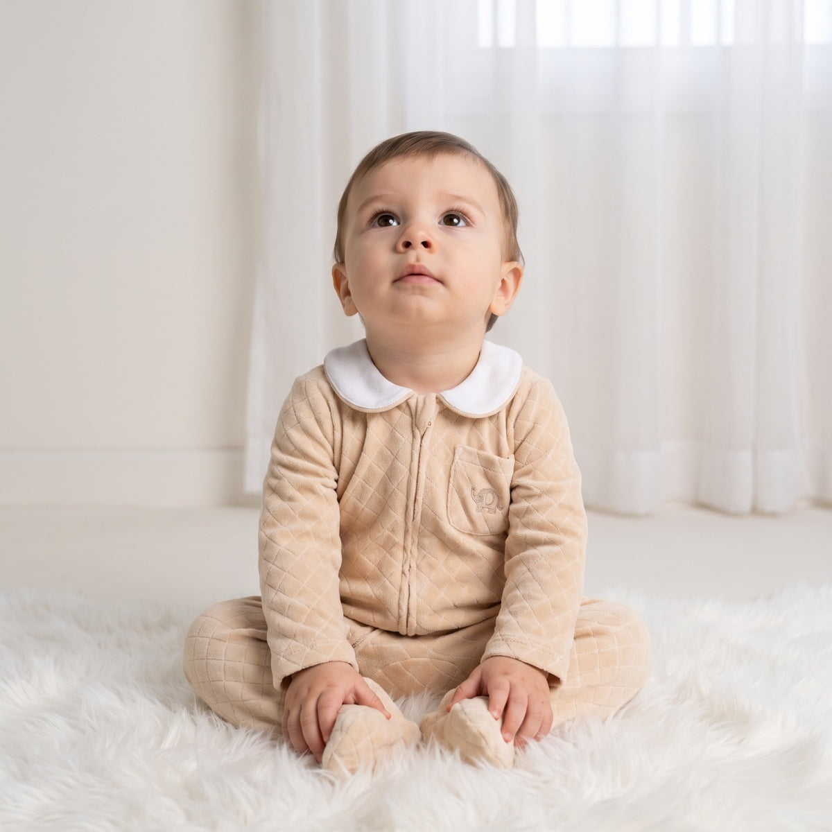 Baby Boys Beige Cotton Blend Quilted Sleepsuit with Zip Fastening for Sleepwear