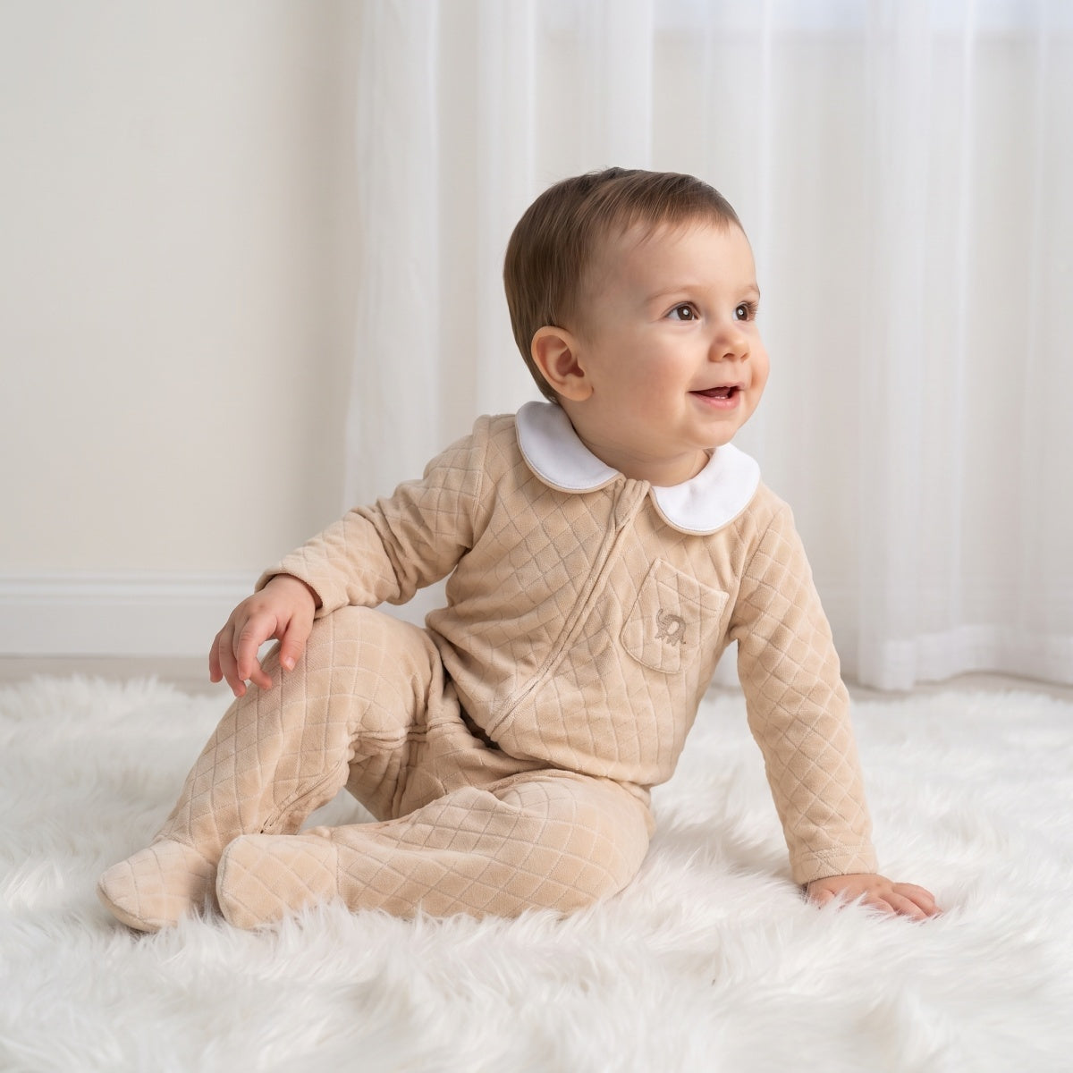 Baby Boys Beige Cotton Blend Quilted Sleepsuit with Zip Fastening for Sleepwear