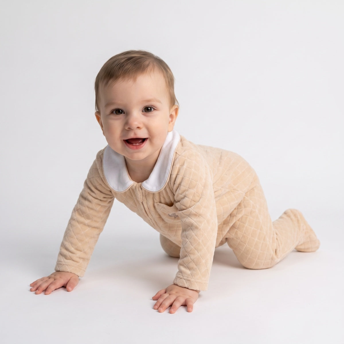 Baby Boys Beige Cotton Blend Quilted Sleepsuit with Zip Fastening for Sleepwear