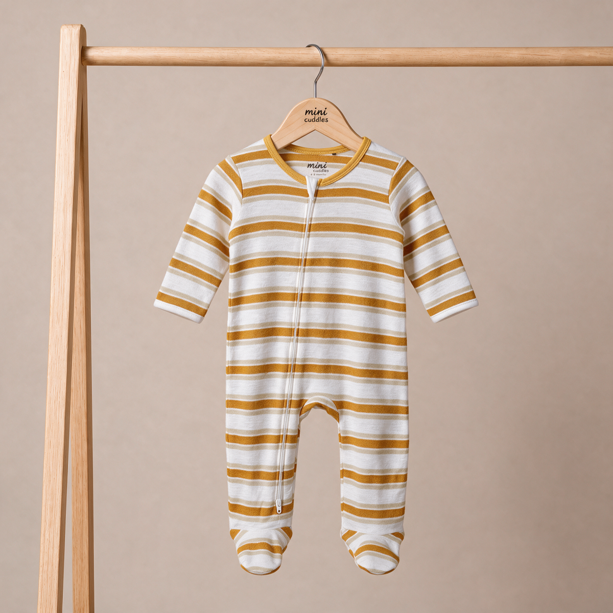 Baby Boys White And Mustard Cotton Striped Footed Sleepsuit Regular Fit Casual Wear