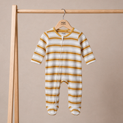 Baby Boys White And Mustard Cotton Striped Footed Sleepsuit Regular Fit Casual Wear