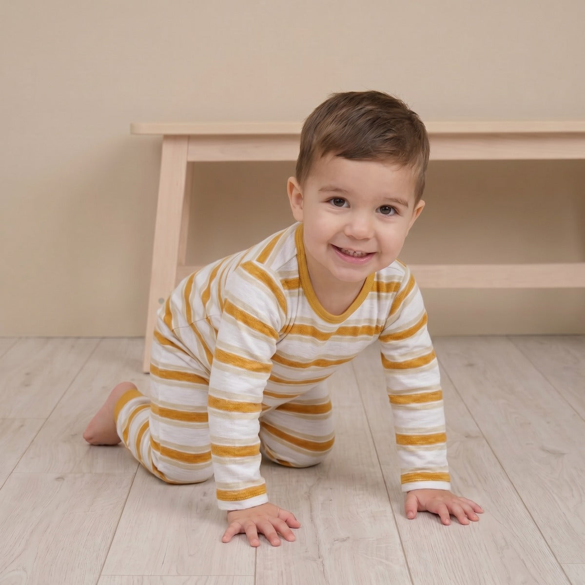 Baby Boys White And Mustard Cotton Striped Footed Sleepsuit Regular Fit Casual Wear