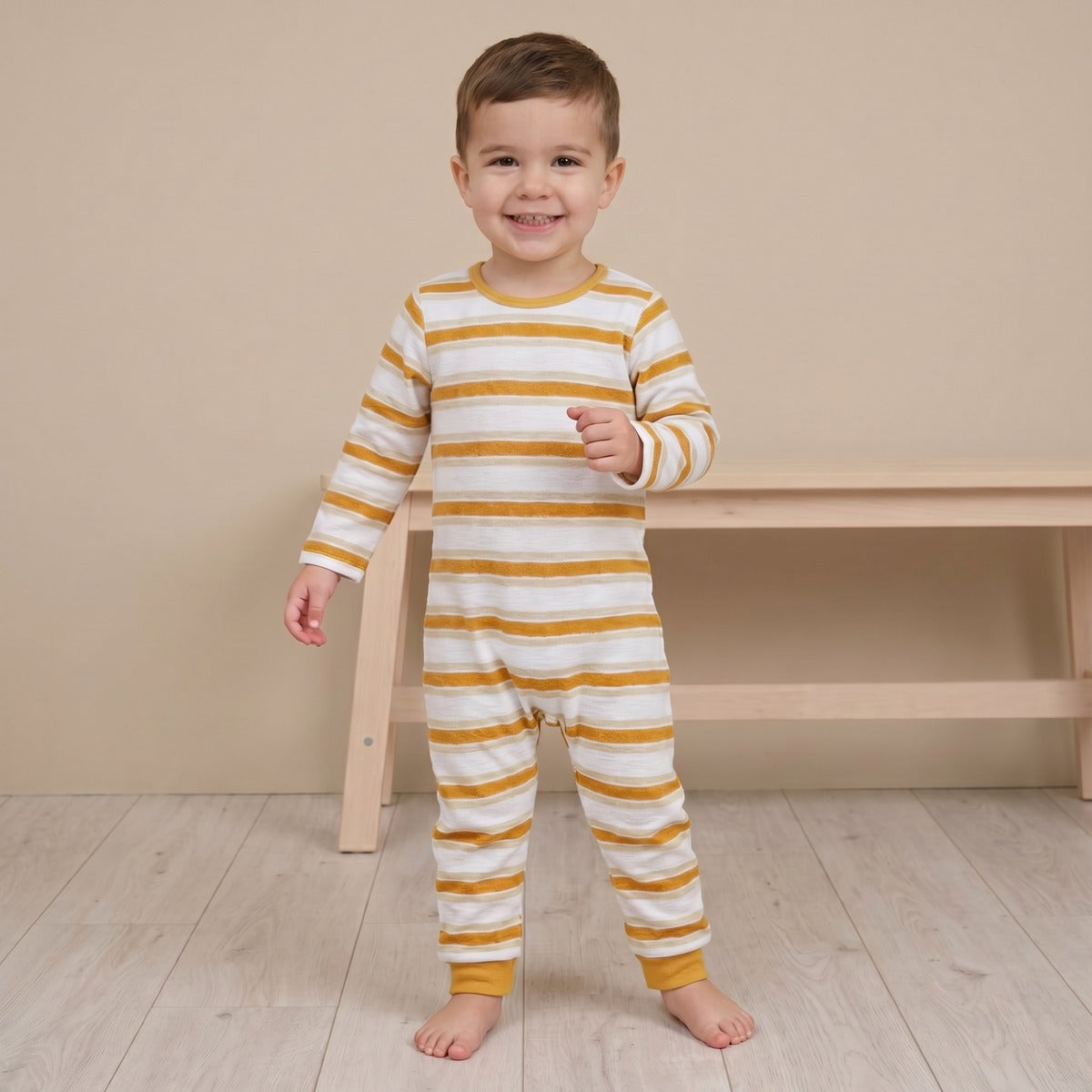 Baby Boys White And Mustard Cotton Striped Footed Sleepsuit Regular Fit Casual Wear