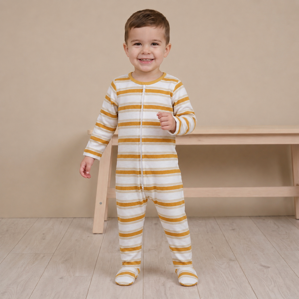 Baby Boys White and Mustard Cotton Striped Footed Sleepsuit Regular
