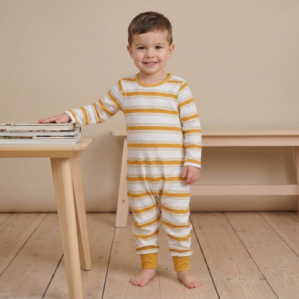 Baby Boys White And Mustard Cotton Striped Footed Sleepsuit Regular Fit Casual Wear