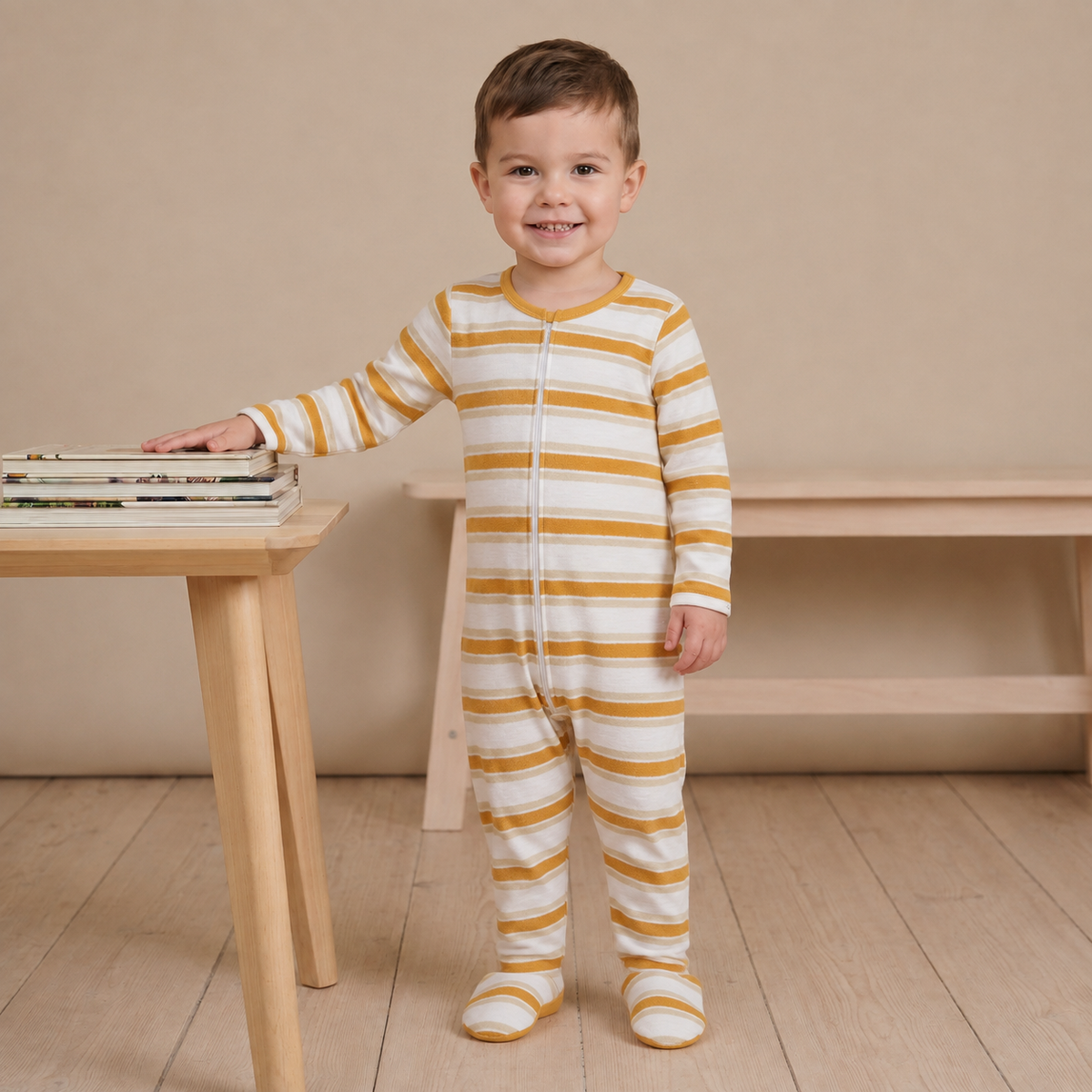 Baby Boys White and Mustard Cotton Striped Footed Sleepsuit Regular