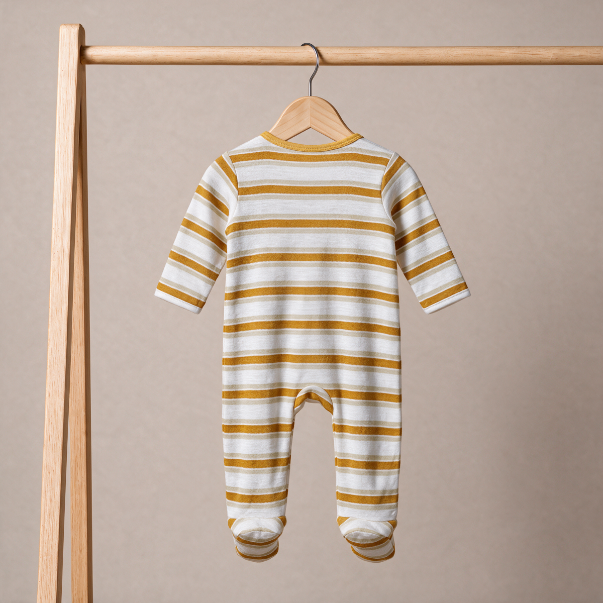 Baby Boys White And Mustard Cotton Striped Footed Sleepsuit Regular Fit Casual Wear