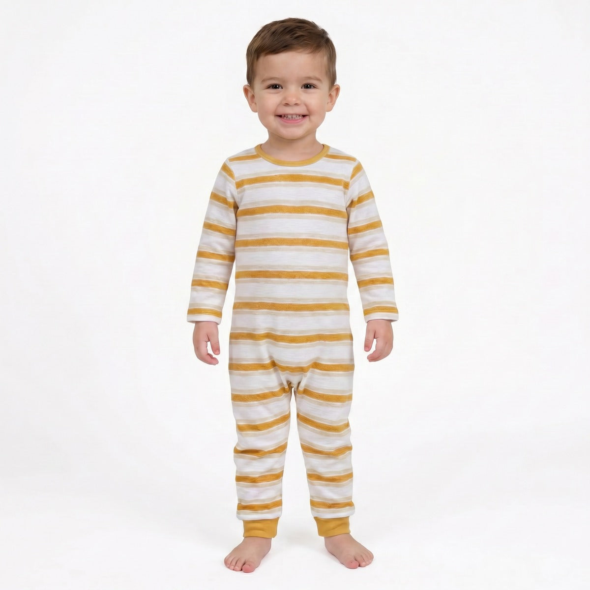 Baby Boys White And Mustard Cotton Striped Footed Sleepsuit Regular Fit Casual Wear