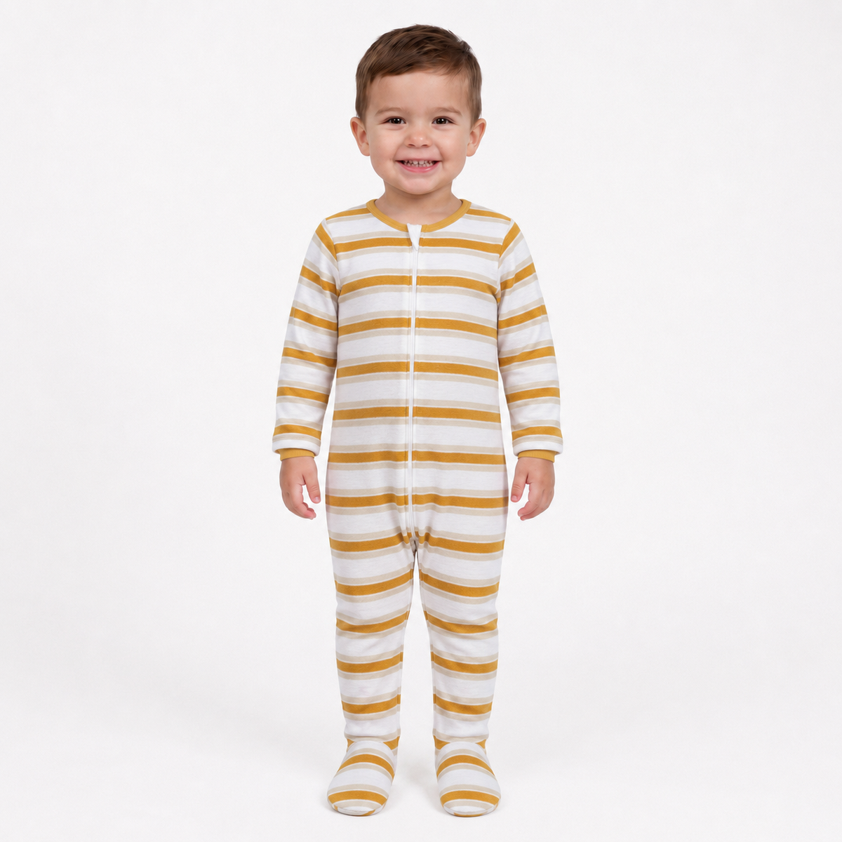 Baby Boys White and Mustard Cotton Striped Footed Sleepsuit Regular