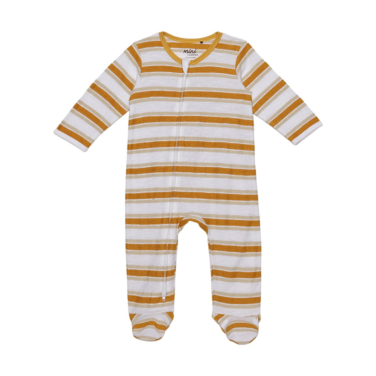 Baby Boys White And Mustard Cotton Striped Footed Sleepsuit Regular Fit Casual Wear
