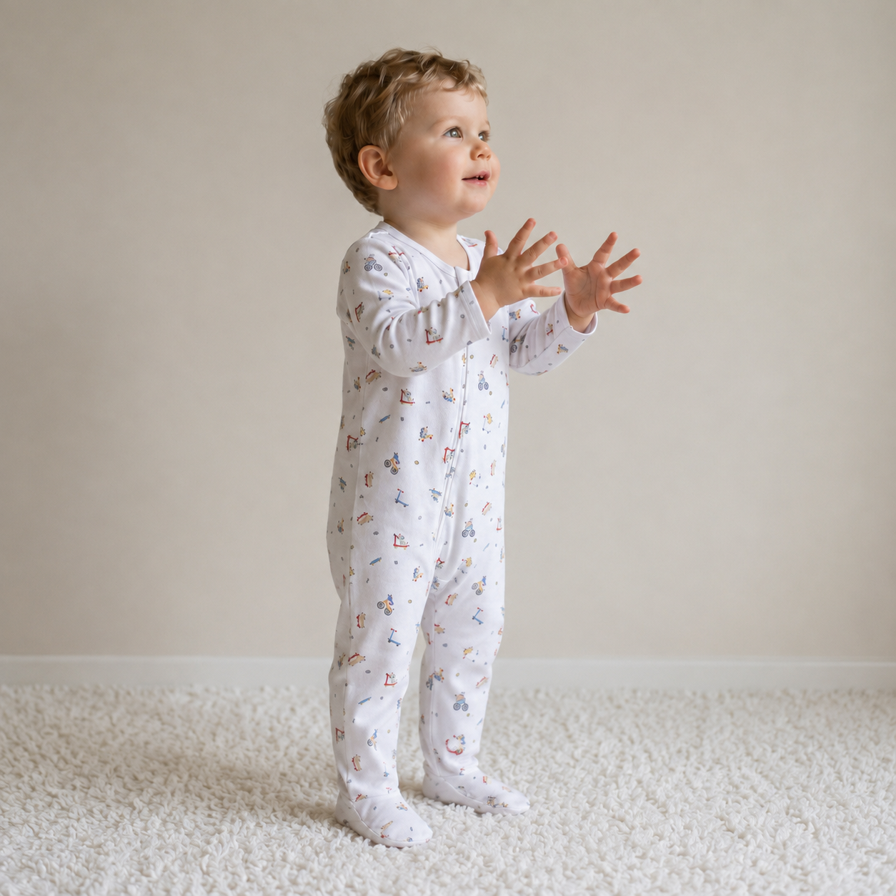 Baby Boys White Cotton Printed Footed Sleepsuit Regular Fit Everyday Babywear