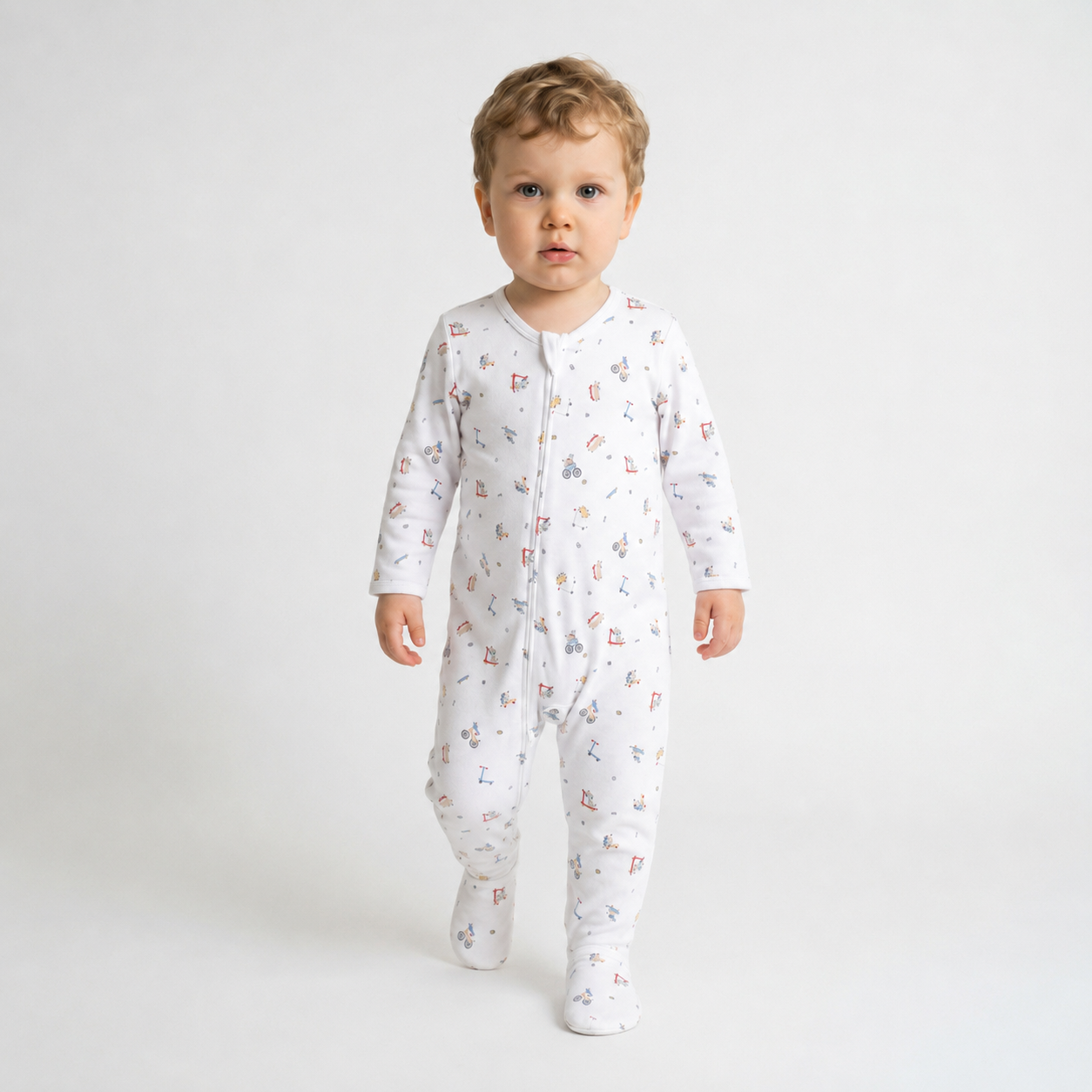 Baby Boys White Cotton Printed Footed Sleepsuit Regular Fit Everyday Babywear