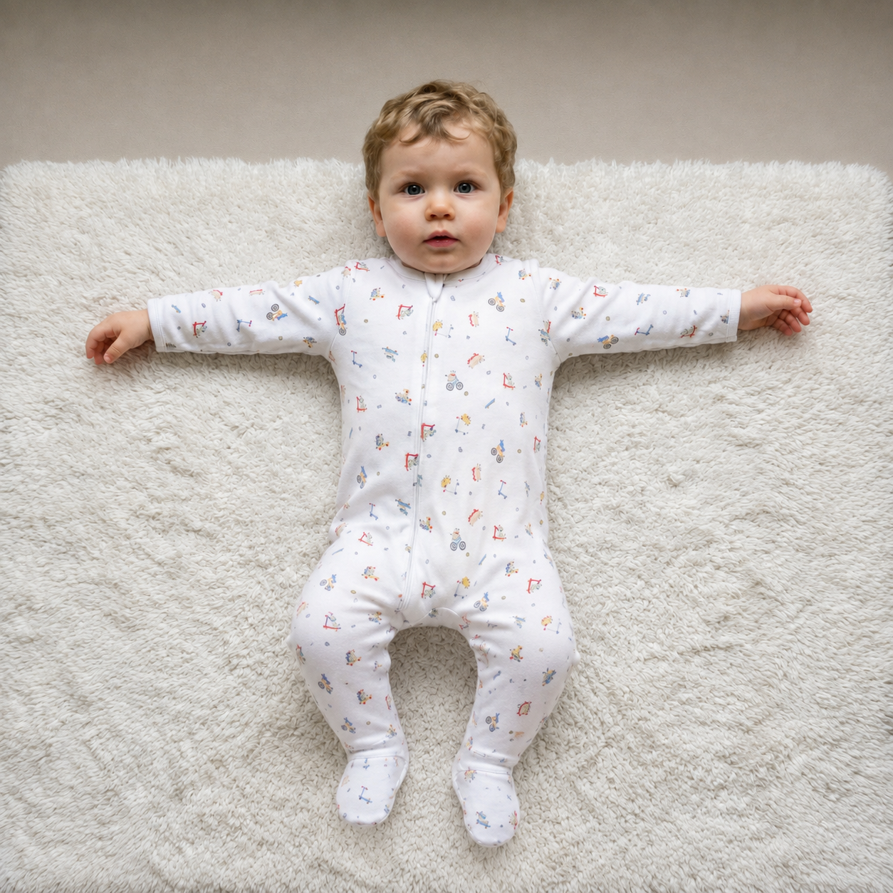 Baby Boys White Cotton Printed Footed Sleepsuit Regular Fit Everyday Babywear
