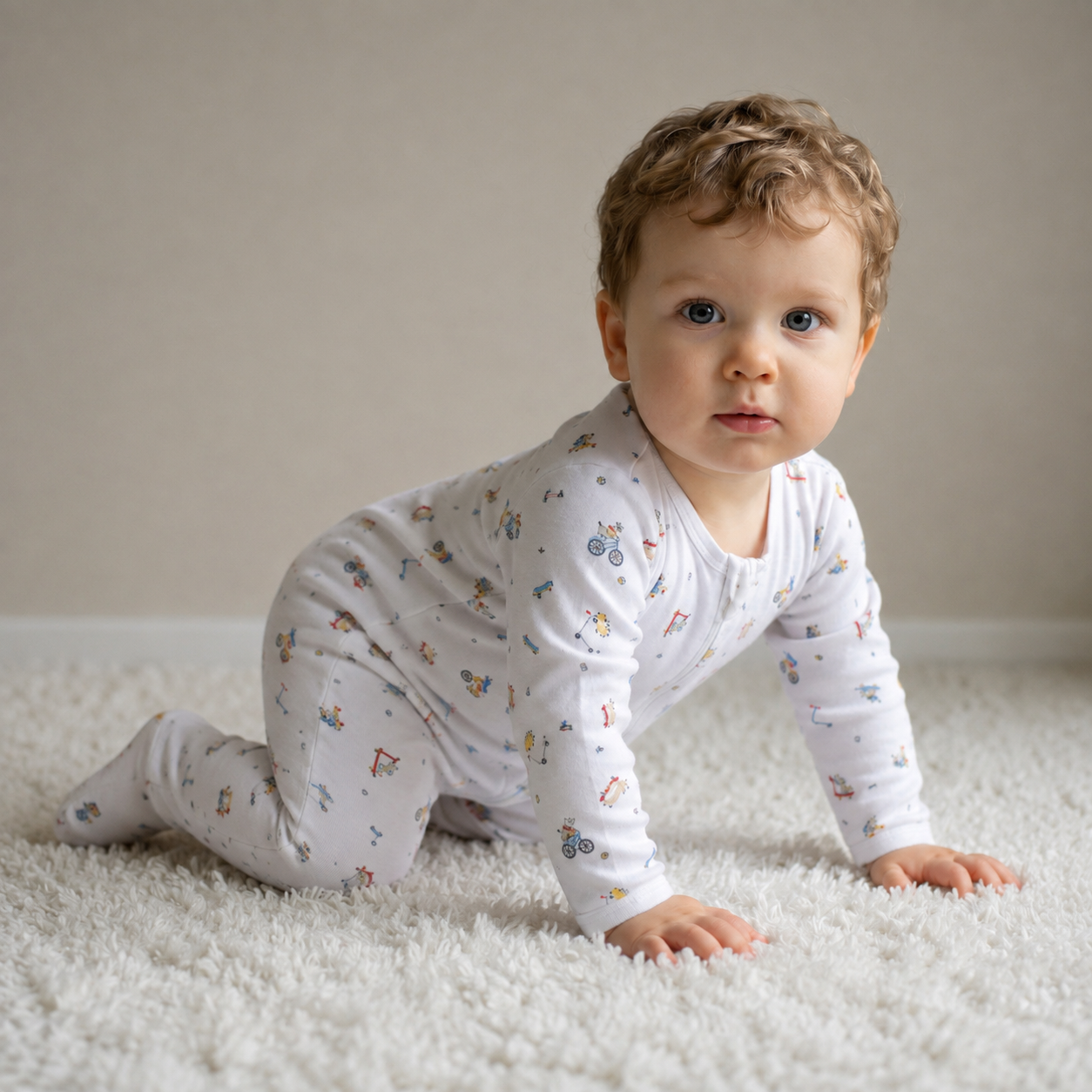 Baby Boys White Cotton Printed Footed Sleepsuit Regular Fit Everyday Babywear