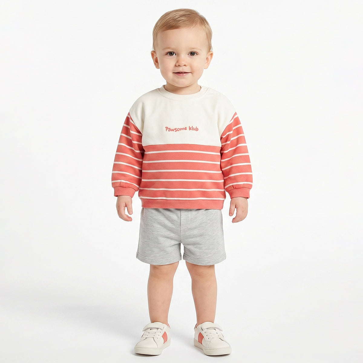 Baby Boys Coral & White Striped Sweatshirt Regular Fit Casual Kids Wear