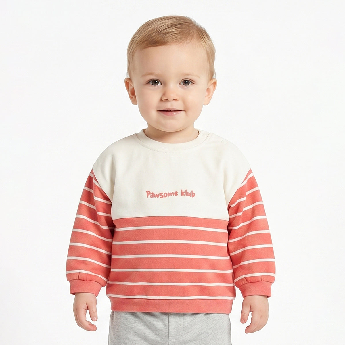 Baby Boys Coral & White Striped Sweatshirt Regular Fit Casual Kids Wear