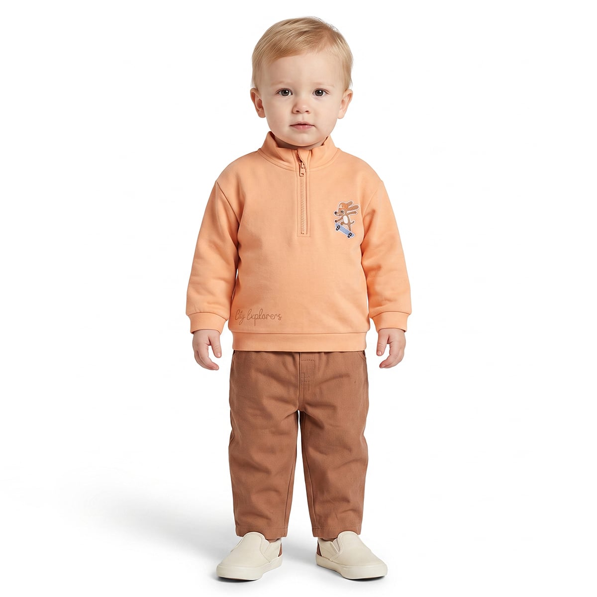 Baby Boys Peach Cotton Blend Rabbit Embroidered Sweatshirt Pack of 1 Regular Fit Casual Wear