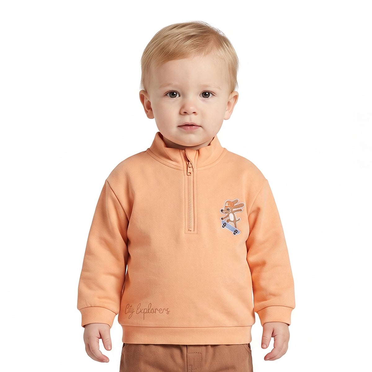 Baby Boys Peach Cotton Blend Rabbit Embroidered Sweatshirt Pack of 1 Regular Fit Casual Wear